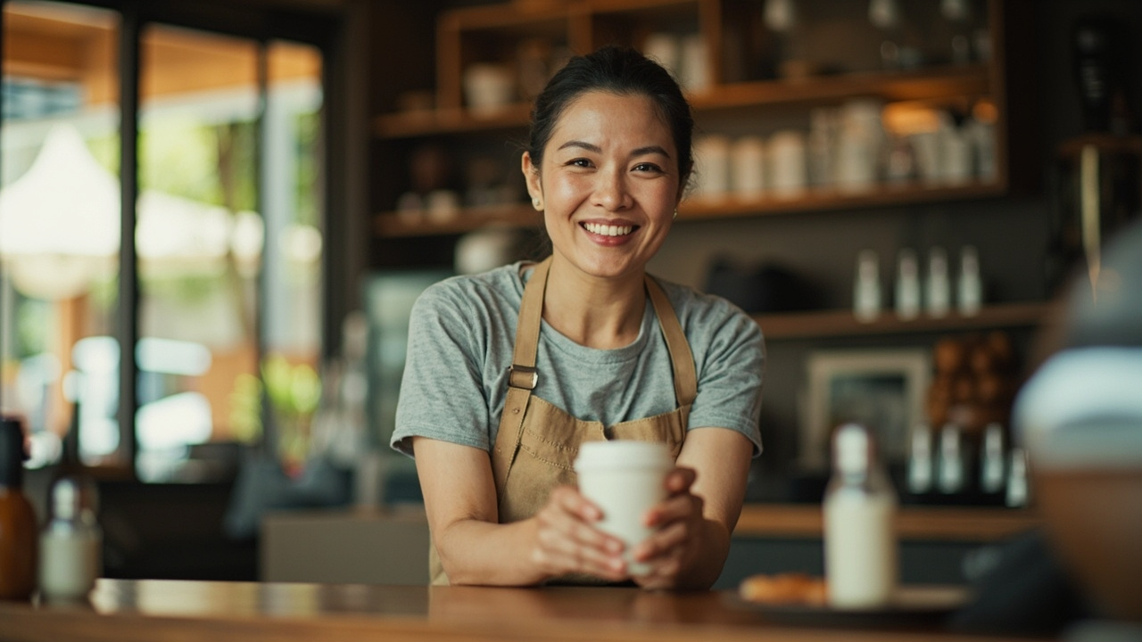 A smiling Bruneian cafe owner standing behind her counter