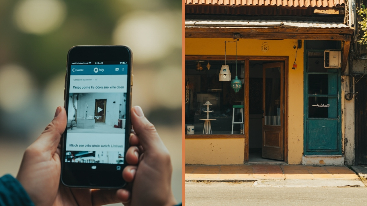 A phone showing a website next to a real storefront